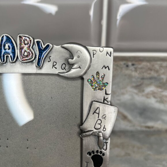 Baby Nursery Picture Frame Pewter Epoxy Desk Top 5”x3.5” Moon Sun Alphabet - Picture 2 of 11